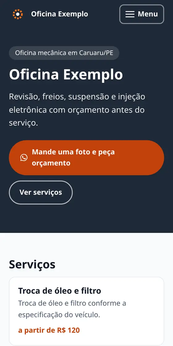 Exemplo fictício: topo do site da Oficina Exemplo no celular, com o botão Mande uma foto e peça orçamento