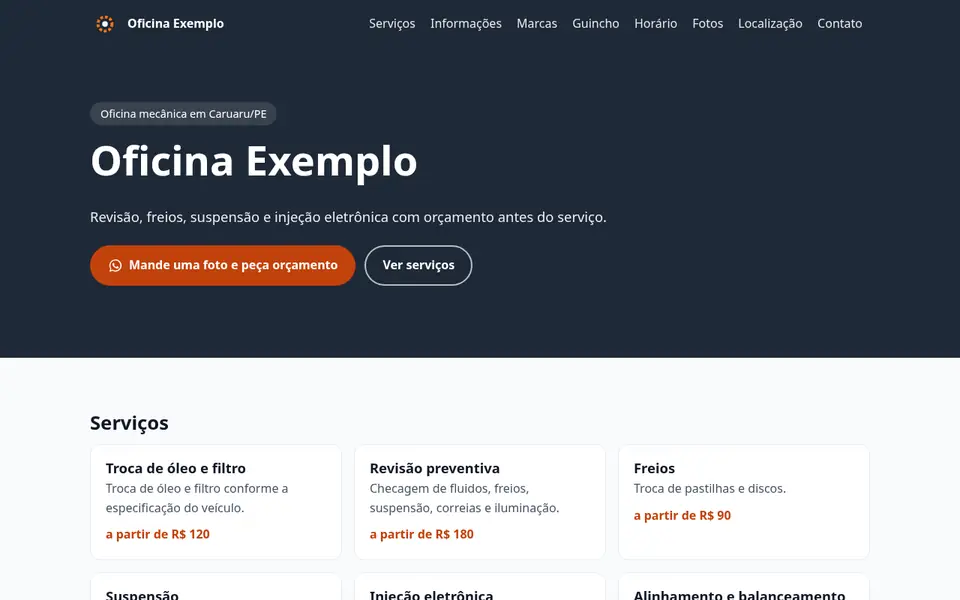 Exemplo fictício: site da Oficina Exemplo aberto no computador